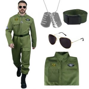 Kitimi Costume Aviateur Homme, Deguisement de Pilote Hommes, Costume De Pilote De Chasse Adulte et Collier Chien Les Lunettes de Soleil,Combinaison Aviateur Homme pour Carnaval Halloween Cosplay (W jiehui, neuf)
