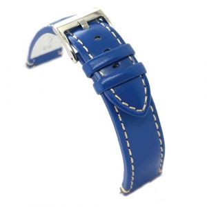 Diloy Bracelet montre cuir veau lisse sport plat couture blanche &ndash; Tailles 14mm 16mm 18mm 20mm 22mm 24mm &ndash; &Eacute;l&eacute;gant et robuste 373 Bleu 22mm (DWS Online, neuf)
