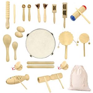 Ulifeme Jouet Instrument Musique Bois, 27 Pi&egrave;ces Instrument de Musique pour Enfant et Bebe, Ensemble de Jouets 100% Bois Pur, Kit Rythmique de Percussion Premium Cadeau, Rangement de Sac en Coton (REMAI-EU, neuf)