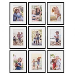 PHOTOLINI Cadre 30 x 40 noir bois MDF, lot de 9 cadres photo 30x40 avec passe partout, picture frame 40x30, verre acrylique incassable, décoration murale à suspendre, avec accessoires supplémentaires (PHOTOLINI, neuf)