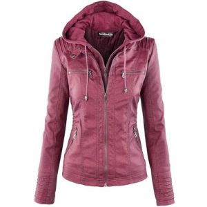 Newbestyle Femme &agrave; Capuche Veste Simili Cuir Femme Moto Style Manteau,Burgundy,L (Newbestyle, neuf)