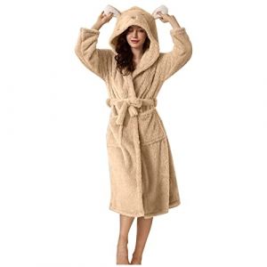 Vuncio Peignoir De Bain Femme Eponge Capuche Personnalis&eacute; Mignon Animal Peignoir Long Femme Polaire Chaud Robe De Chambre Femme Hiver Longue Flanelle Grande Taille Velours Pyjama (Khaki, L) (Vuncio, neuf)