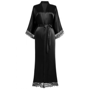 Coucoland Kimono Robe de Chambre longue Satin Robe de Nuit avec Bordure en Dentelle pour Femme Taille Unique Noir (Lixuanshengang, neuf)