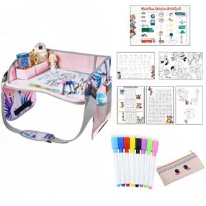 Plateau de Voyage Enfant Oji Nova – Feuilles Plastifiées Effaçables + 8 Feutres + Trousse – Kit Créatif Amovible (Rose) (King sparrow, neuf)