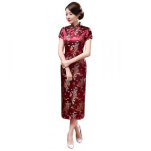 ZNLFS Robe Cheongsam pour Femmes Robe de Soir&eacute;e &agrave; Manches Courtes Ajust&eacute;e R&eacute;tro Longue Imprim&eacute;e Col debout Bodycon Qipao, 36 (dingjuanjuandamai, neuf)