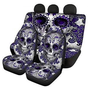 Biyejit Ensemble complet de 4 housses de si&egrave;ge avant et arri&egrave;re motif t&ecirc;te de mort violette pour homme et femme, 2 housses de si&egrave;ge + 2 housses de protection pour banquette arri&egrave;re (宜昌市壹淼萨旭商贸有限公司, neuf)