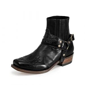 GATURA Bottines Vintage pour Hommes Style Steampunk Round Head Rough Heel Shorts Similicuir PU Cuir Western Cowboy Boots Outdoor Casual Bottes de Sport, 38-48,Noir,39 (Haoxinkjshop, neuf)