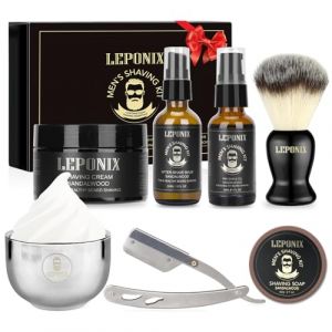 Kit Rasage Homme, Inclus Rasoir Coupe Choux, P&acirc;te &agrave; Raser de Santal, Huile Avant Rasage, Baume Apres Rasage, Brosse &agrave; Raser, Bol &agrave; Raser, Savon Raser, Coffret Cadeau Homme (GUOGUO TECH, neuf)
