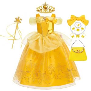 YOSICIL D&eacute;guisement de Princesse Belle Fille Robe de la Belle et la B&ecirc;te Hors Epaule Costume enfant de bal &eacute;l&eacute;gant avec accessoires pour Party Halloween Anniversaire Carnaval et No&euml;l, jaune, 110 (YOSICIL., neuf)