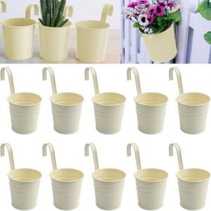 Roellgs Lot de 10 pots de fleurs ronds en métal à suspendre de 10,2 cm avec crochets amovibles et trous de drainage, petit pot de fleurs à suspendre pour balustrade, clôture, balcon, jardin, terrasse (FEISITE, neuf)