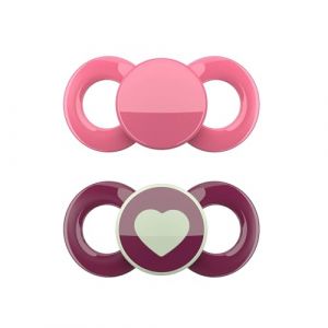 dentistar Day & Night Sucette lot de 4 – Taille 3 à partir de 14 mois – Sucette en silicone respectueuse des dents et de la mâchoire – Rose & Violet avec cœur – Fabriqué en Allemagne (ARILEX Kundenservice, neuf)