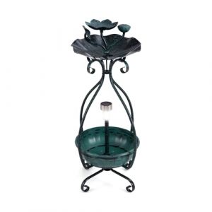 GOPLUS Mangeoire Oiseaux Exterieur Hauteur 79 CM, Abreuvoir d’Oiseaux sur Pied avec Jardinière, Lumière LED Solaire, Cadre en Métal, Meuble Décoratif en Forme Lotus pour Jardin, Terrasse (Bronze Vert) (Augenstern24, neuf)