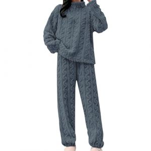 Pyjama d'hiver pour femme en polaire chaude - Combinaison d'intérieur pour femme - Élégant - Manches longues - Gris - Pyjama douillet - Moelleux - Pantalon de pyjama thermique confortable - Pantalon (Lorisilru'store, neuf)