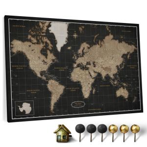 Carte du monde en toile avec tableau d'affichage en liège - Labels en anglais - Décoration murale décorative pour toutes les pièces - Tableaux sur toile (120x80 cm, Motif 6) (canvascale_maps, neuf)