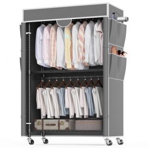 Portant &agrave; V&ecirc;tements 3 Niveaux avec Housse Portant &agrave; V&ecirc;tements Robuste sur Roulettes avec Hauteur R&eacute;glable, Rail en M&eacute;tal Stable avec 2 Barres de Suspension et 4 Poches Lat&eacute;rales, 90*45*205cm, Gris (Athomestore, neuf)