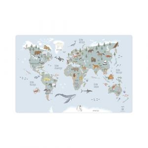 Sous-main pour bureau pour enfants &ndash; &bdquo;Carte du monde Animaux bleu fran&ccedil;ais&ldquo; &ndash; 60 x 40 cm &ndash; en vinyle premium &ndash; Fabriqu&eacute; en Allemagne (ASongman, neuf)
