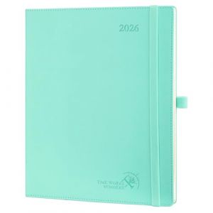 POPRUN Agenda 2026 Semainier 26,5 x 21,5 cm - Couverture Souple en PU Cuir, Vertical Planner, D'Jan 2026 à Déc 2026-12 Mois, Avec signet à 2 rubans, Papier 100 g/m², Vert (Time Works Wonders, neuf)