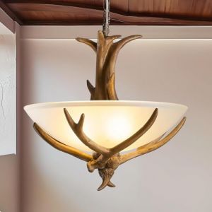VTAMng Lustre rustique bois de cerf 3 lumi&egrave;res suspension bois de cerf &icirc;lot de cuisine &eacute;clairage de salle &agrave; manger en r&eacute;sine abat-jour en verre salle &agrave; manger chambre &agrave; coucher restaurant hall d'entr&eacute; (VTAMng-FR, neuf)