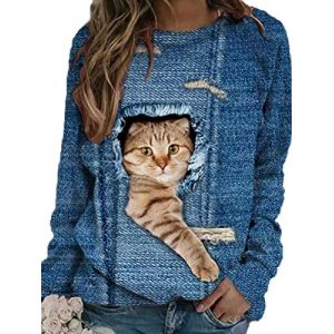 Onsoyours Femmes Pull 3D Chat Imprim&eacute; Sweatshirt Top Manches Longues Chat 3D ray&eacute; Noir Femme Casual Pull Chat Noir Col Rond T Shirt Grande Taille Sweat Blouse Top J Bleu XXL (PGANDS Design, neuf)
