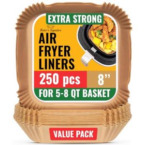 Baker's Signature Lot de 250 doublures jetables en papier sulfurisé pour friteuse à air comprimé – Feuilles carrées de 20 cm pour paniers de 5,5 à 9 L, four, poêles – Accessoires de friteuse à air (Gerbi Direct FR, neuf)