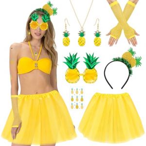 TOYTOPIE Costume d'Ananas Femme, 7 Pcs Accessoires Costume Ananas avec Jupe, Lunettes De Soleil, Gants, Collier, Serre T&ecirc;te, Deguisement Fruits Adulte pour &Eacute;v&eacute;nements Estivaux, Festivals et Carnavals (SHICHENGJIAJU, neuf)