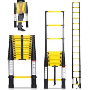 Cecaylie Échelle télescopique en Aluminium avec Crochets Amovible 3,8 m échelle Extensible antidérapante, Multi-Fonction Ladder Charge 330lbs / 150 kg, Noir et Jaune (HAOHUOBPY, neuf)