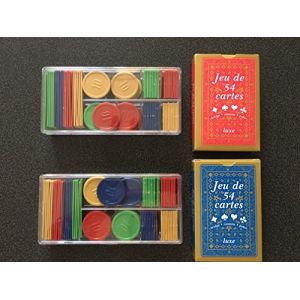 Lot de 2 jeux de 54 cartes + 200 jetons num&eacute;rot&eacute;s : poker, belote, piquet, manille, coinche, bataille, menteur, soufflette, big up, jeu des chevaliers, maitre du jeu, biskit, etc (Comptoir de France, neuf)