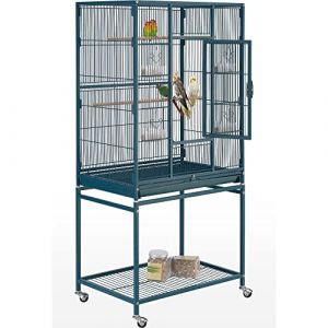 Yaheetech Grande Cage/Volière Oiseaux avec Support Détable à roulettes Cage pour Perroquet Gris du Gabon Canaris Parakeet Calopsitte élégante Pinson 65,5 x 42,5 x 136,5 cm Blanche Bleu Marine (Yahee365, neuf)