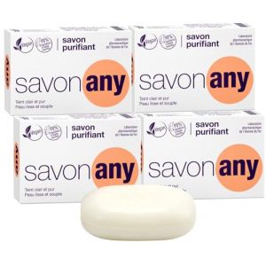 SORIFA - Lot de 4 – Savon purifiant ANY – Visage et corps – Hygiène quotidienne - Peaux à problèmes – Peaux pigmentées – Base lavante 100% végétale - Sans parfum - Pain 100 gr. (DERMACARE-PRO, neuf)