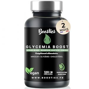 Glycemia Boost, 120 gélules,Berbérine, Mûrier blanc, Cannelle, Poivre noir, Chrome, Gestion glycémie, cholestérolémie, végane, Efficacité optimale. (Boosties Lab, neuf)