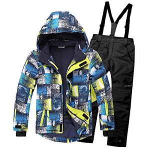SXSHUN Combinaison de Ski/Neige Manteau et Salopettes Pantalons Epaisse Imperméable Coup Vent pour Enfant Fille Garçon 3-16 Ans, Bleu + Noir, 12-14 Ans/Stature 150-160cm (SXSHUN-EU, neuf)