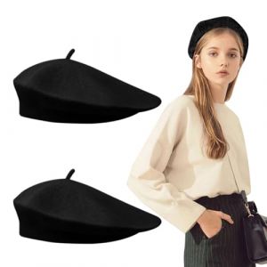 FUIPVGI 2 Pi&egrave;ces Chapeau B&eacute;ret Fran&ccedil;ais B&eacute;ret en Laine pour Adulte Femme Gavroche Artiste Moderne Peintre Chapeau, Basque Adulte Th&egrave;me D&eacute;guisement, Taille Unique (Noir) (DONG YI, neuf)