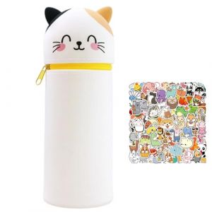 Trousse Scolaire Animal Trousse Ecole 2 en 1 en Silicone Souple avec Animal Autocolant - Kawaii Trousse à Crayons Scolaire Enfant Étui École Fourni (Chat) (Baipin, neuf)