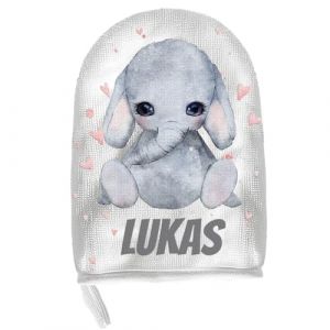 Gant de Bain Bébé Personnalisé avec Nom | Choix de Motifs Animaux | Microfibre & Coton | avec Boucle de Suspension | Fabriqué dans l'UE (Éléphant) (PersonaliseDog, neuf)