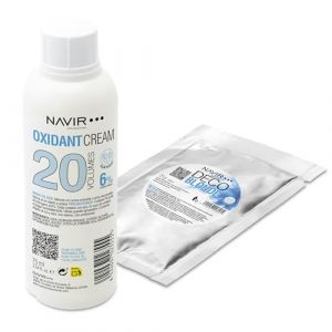NAVIR Professionnel | Pack d&eacute;coloration cheveux | Decoblonde poudre d&eacute;colorante bleue jusqu'&agrave; 7 tons avec K&eacute;ratine + Eau oxyg&eacute;n&eacute;e en cr&egrave;me | Cheveux femme et homme (Poudre 25g + Eau 75ml 20 Vol) (Navir, neuf)