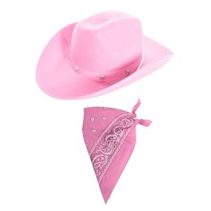 0207VP6YKD0 ILOVEFANCYDRESS Chapeau de Cowboy Rose + Rose Paisley Bandana Ensemble d'accessoires de déguisement Poule Nuit pour Femme Cowgirl Ensemble (ILFD GROUP LTD, neuf)
