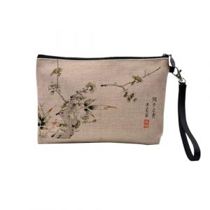 Pochette en Lin - Estampe Japonaise 2 Plantes Art D&eacute;licat Original Vintage - Trousse Maquillage en Toile Aspect Lin - Trousse de Toilette - 23,5 x15 cm (FabulousBOUTIK, neuf)