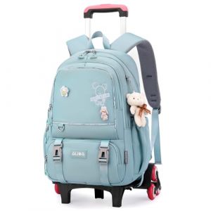 Amythe Sac à Dos à Roulettes pour Fille Collège, Cartable avec Roulettes 6 Roues pour Filles, Sac D'école avec Pendentif pour Adolescente de 9 à 18 ans, Chariot Amovible, Bleu (Amythe, neuf)