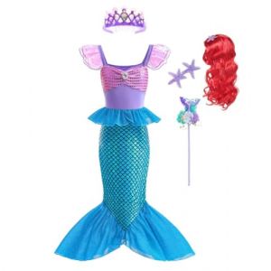 Lito Angels Deguisement Robe Petite Sirene Princesse Ariel Costume avec Couronne et Perruque pour Enfant Fille Taille 8-9 ans, Violet Bleu (&eacute;tiquette en tissu 150) (Lito Angels FR, neuf)