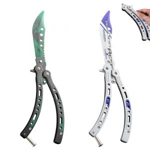 WANDGU Butterfly Trainer : 2 Pièces Couteaux Papillon Pliables d’Entraînement Lame Non Aiguisée Peigne Papillon Acier Inoxydable pour Couteau Balisong d’Entraînement Débutant (VENIZELOU-EC, neuf)