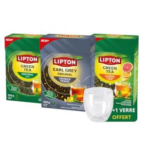 Lipton - Th&eacute; en Vrac 3&times;100 g -Th&eacute; Vert aux Agrumes, Th&eacute; Vert Nature & Th&eacute; Noir Earl Grey Orange P&eacute;ko&eacute; - Feuilles Longues, 100% Naturel & 1 Verre Lipton Offert (PENNGUIN-FR-CAMON, neuf)
