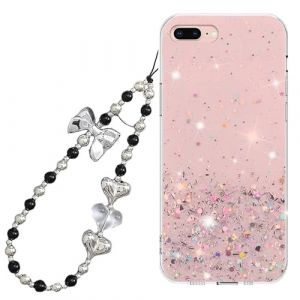 Rnrieyta Miagon Glitter Paillette Coque pour iPhone 8 Plus/7 Plus,Transparent Cover Brillant &Eacute;toile Silicone Flexible &Eacute;tui Housse avec Perle Coeur Papillon Cha&icirc;ne Bracelet Strap (Miagon, neuf)