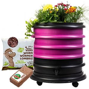 WORMbox | Lombricomposteur 3 Plateaux Framboise + Jardinière + 250gr de vers de Compost + 1 Bloc Coco | 48 litres | Compostez Vos déchets organiques, Les vers de Terre/lombrics/lombricompost (Ferme du Moutta, neuf)
