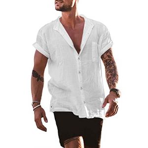 YAOBAOLE Chemise Legere Homme Été Manches Courtes Boutons Chemise Hommes Chemises en Lin Homme Coton Lin Chemise Col Mao Blanc XL (YBLfashion, neuf)