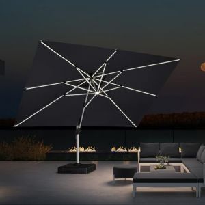 PURPLE LEAF Parasol Déporté 3 x 4 m Rectangulaire avec LED, Parasol De Jardin Exterieur Toit à Double Rotatif 360°,Parasol Terrasse Exterieur XXL, Gris acier (PURPLE LEAF, neuf)
