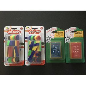 Lot de 2 Jeux de 54 Cartes + 200 jetons num&eacute;rot&eacute;s : Poker, belote, Piquet, Manille, coinche, Bataille, menteur, soufflette, big up, Jeu des Chevaliers, Maitre du Jeu, biskit, etc (✅Abrakado✅, neuf)