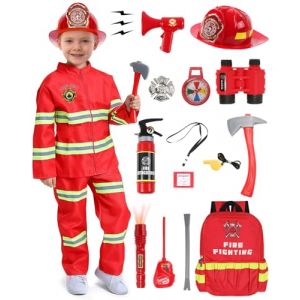 G039XL Costume de Pompier pour Enfants avec 14 Accessoires - Extincteur à Eau, Casque Jouet - Carnaval, Halloween, Héros 3-12 Ans (Geplaimir, neuf)