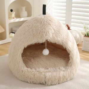 Lit igloo pour chat et chien, tente d'int&eacute;rieur triangulaire 2 en 1 en peluche apaisante, avec poign&eacute;e, coussin lavable et amovible (taille XL : 63 x 63 x 50 cm, beige) (Monba, neuf)