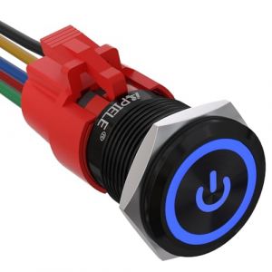 APIELE Bouton poussoir de verrouillage 19 mm 12 V DC 5 A en alliage d'aluminium avec symbole de puissance LED &eacute;tanche Interrupteur &agrave; bouton poussoir marche/arr&ecirc;t (coque noire / bleu) (API ELE CO LTD, neuf)