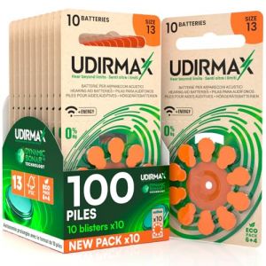 100 Piles Auditives PR48 Taille 13 Orange - Zinc-Air 1,45V Udirmax avec Technologie Dynamic Sonar - Format Eco Pack - 10 Blisters &Eacute;cologiques de 10 Piles (Eurocali, neuf)